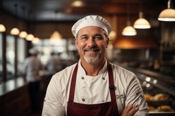Smiling old male chef wearing chef's hat standing in restaurant kitchen