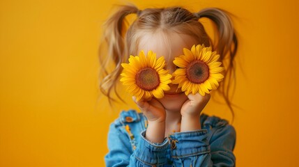 a cute little girl holding two sunflowers on her eyes - studio portrait on yellow background