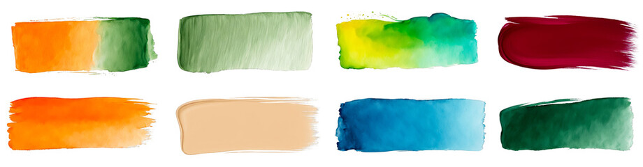 Obraz premium Watercolor paint stroke, brush stroke, banner for text, colorful different, many brush strokes set collection, copy space, for brand name, orange, sage green, maroon, beige, blue, for wedding cards 