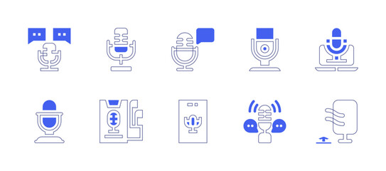 Podcast icon set. Duotone style line stroke and bold. Vector illustration. Containing podcast, microphone, audio, conversation.