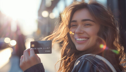 A beautiful woman smiling and holding up her credit card - obrazy, fototapety, plakaty
