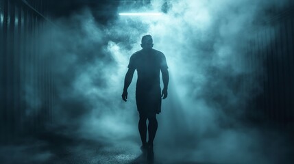 Silhouette of a man walking through foggy atmosphere with backlit illumination.