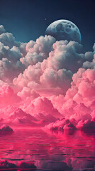 Maroon Color cloud sky landscape in digital art style with moon wallpaper