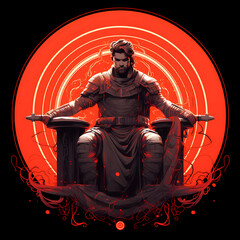 A powerful illustration of a hero sitting in a circle with his arms raised, capturing a moment of triumph and strength, blending dynamic composition, Created using generative AI tools