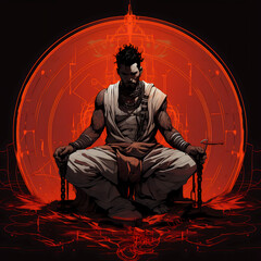 A powerful illustration of a hero sitting in a circle with his arms raised, capturing a moment of triumph and strength, blending dynamic composition, Created using generative AI tools