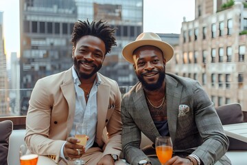 Successful entrepreneur duo celebrating their latest triumph at a chic rooftop lounge in the city - obrazy, fototapety, plakaty