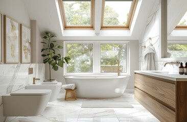 A minimalist bathroom with white marble tiles, large skylights, and an elegant freestanding bathtub under natural light