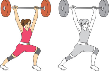 Obraz premium ウェイトリフティングをしている女性選手のイラストセット／Illustration set of female athletes doing weightlifting