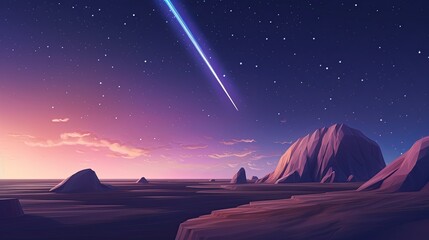 A meteor shower cascades over a crystal-laden landscape with a UFO silently observing from the horizon