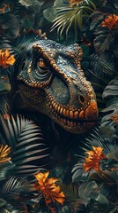 A prehistoric themed wallpaper with dinosaurs and tropical plants