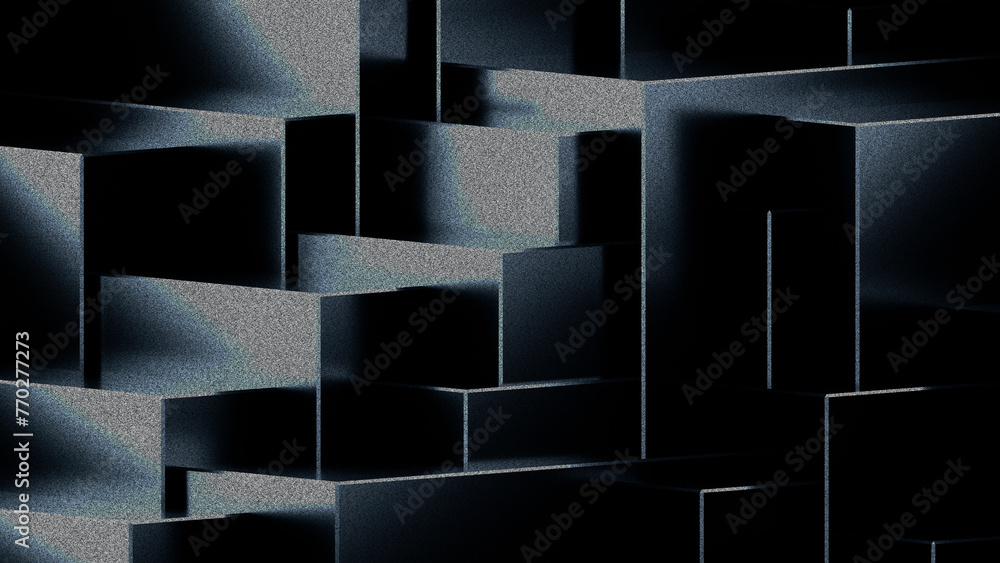 Poster black dark background illustration with geometric graphic elements, light effect and noise texture. 