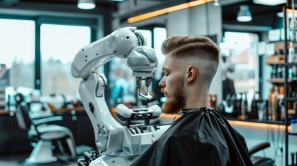 Futuristic robotic barber cutting man's hair in high-tech salon, showcasing precision and automation in the service industry. The modern robot arm carefully grooms the client.