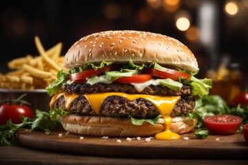 grilled beef hamburger with cheese in fast food restaurant