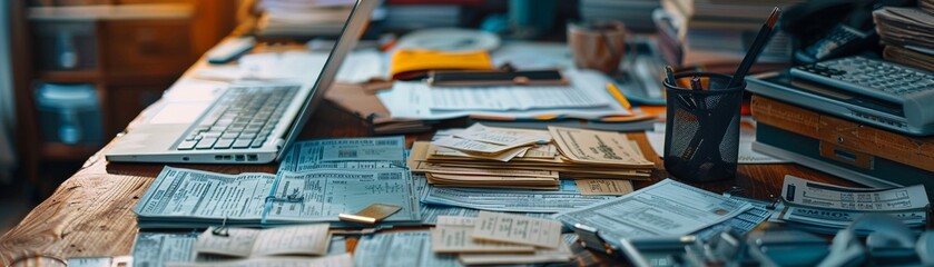 A chaotic and disorganized desk cluttered with unpaid invoices and overdue bills - obrazy, fototapety, plakaty