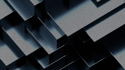 Black dark background illustration with geometric graphic elements, light effect and noise texture. 3d rendering