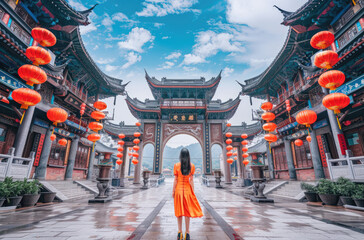 A girl wearing an orange cheongsam stands in front of the majestic temple gate, surrounded by red...