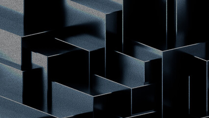Black dark background illustration with geometric graphic elements, light effect and noise texture. 3d rendering