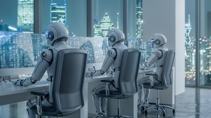 A high-tech office featuring a humanoid robot worker typing at a computer, illustrating the integration of advanced AI and robotics into modern workplaces and their potential impact on the future of e