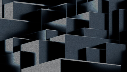 Black dark background illustration with geometric graphic elements, light effect and noise texture. 3d rendering
