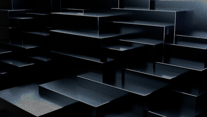 Black dark background illustration with geometric graphic elements, light effect and noise texture. 3d rendering