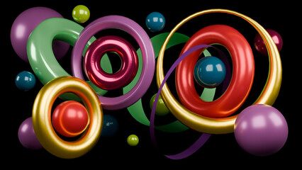 Black dark background illustration with abstract shape elements, light effect. 3d rendering