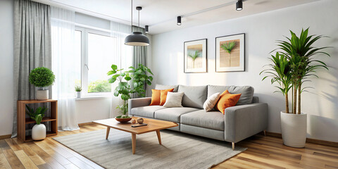 Bright and cozy modern living room interior have sofa and plant with white wall