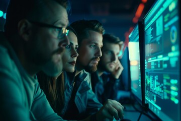 Team of cybersecurity experts analyzing network security threats.