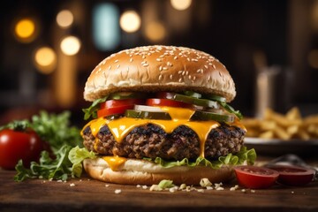 grilled beef hamburger with cheese in fast food restaurant - obrazy, fototapety, plakaty