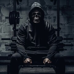 Fototapeta na wymiar strong body skull in hoodie sitting on bench