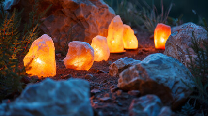 Evening setting showcasing several Himalayan salt lamps illuminated on rocky terrain, creating a mystical atmosphere - obrazy, fototapety, plakaty
