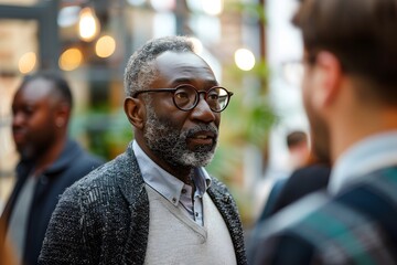 Experienced business mentor guiding diverse startup entrepreneurs at collaborative office event