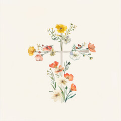 세례식을위한 미니멀 한 손으로 그린 초대장, 흰색 배경, 중앙에 꽃으로 만든 기독교 십자가.