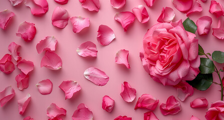 Pink Rose with Scattered Petals background. A photorealistic background of a single pink rose with velvety petals, surrounded with scattered soft pink rose petals against a luxurious pink backdrop.