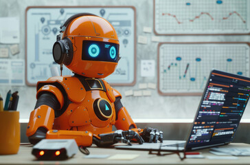 A cute robot with headphones sitting at an office desk typing on the keyboard, looking down and working intently in front of his computer screen