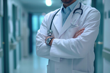 Portrait of a Confident Doctor in a Hospital Corridor