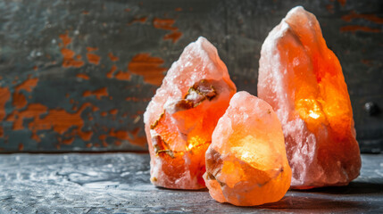Brightly lit Himalayan salt lamps on a textured gray surface with a peeling paint backdrop, giving a modern touch