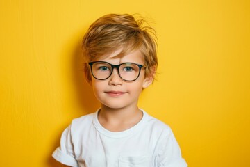 little boy wearing his new glasses on yellow studio background with copyspace - obrazy, fototapety, plakaty