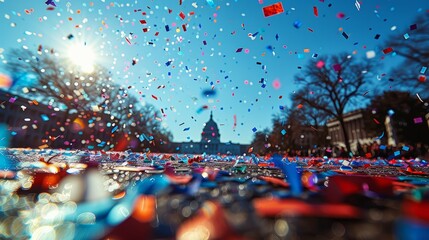 Waterlike confetti falls from sky in front of capitol building - obrazy, fototapety, plakaty