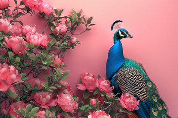 A peacock is standing in front of a bunch of flowers