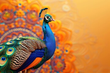 A peacock stands in front of a colorful background - obrazy, fototapety, plakaty