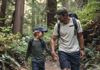 A photo of an adult man and his son, both wearing hiking gear, walking along the trail in Stanley Park's trails on a beautiful summer day. - obrazy, fototapety, plakaty