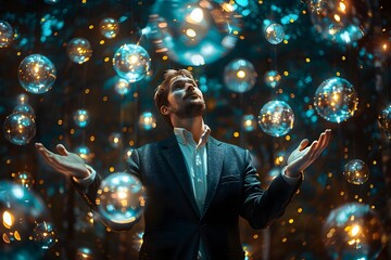 Juggling Businessman Skillfully Balancing Multiple Glowing Business Orbs in Abstract Photo Representation - obrazy, fototapety, plakaty