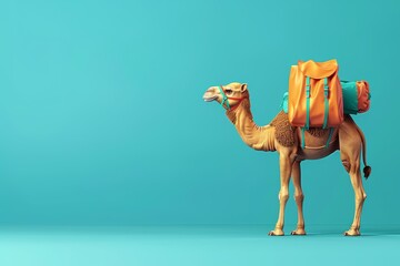 A camel is carrying a backpack and a bag - obrazy, fototapety, plakaty