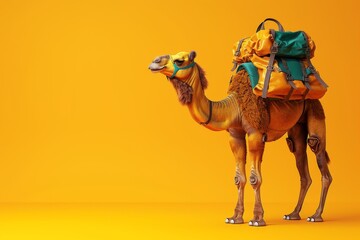 A camel is carrying a backpack and a bag