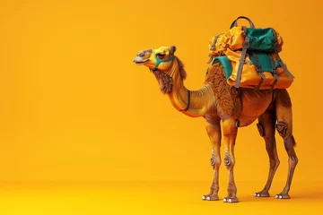 Foto op Plexiglas A camel is carrying a backpack and a bag © toonsteb