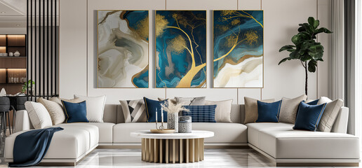 three panel wall art with marble designs wall decoration  in living room - obrazy, fototapety, plakaty