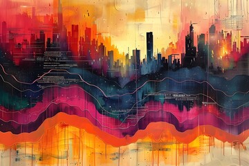 Captivating Data Driven Abstract Cityscape A Vibrant Turbulent Symphony of Lines Shapes and Colors Symbolizing the Volatility of the Financial Markets