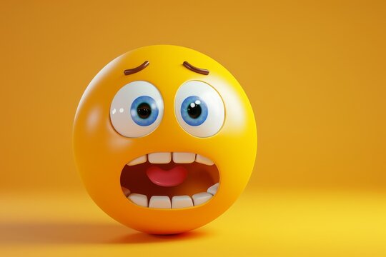 A yellow face with big eyes and a mouth open in a cartoonish style
