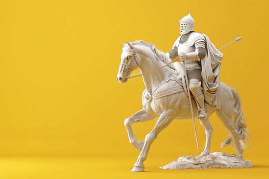 A man in a knight's armor rides a horse on a yellow background