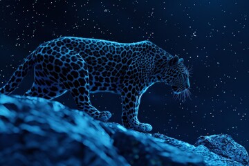 A leopard is walking on a rocky surface in the dark - obrazy, fototapety, plakaty